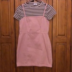 Denim dress with striped cropped shirt